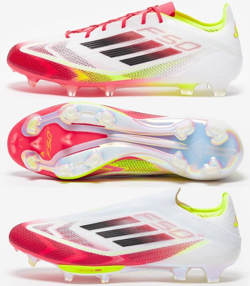 adidas f50 football boots in white, red and yellow, showing boot and the boot sole plate and a laceless version